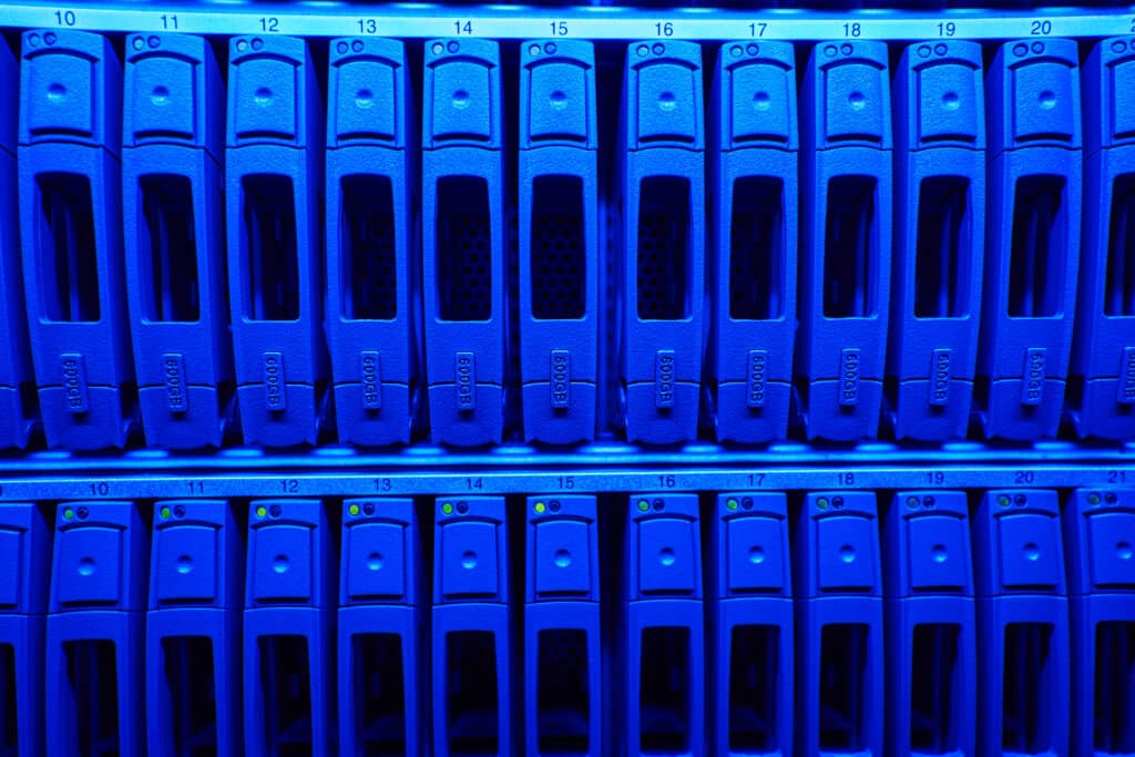 Data backup center with blue shelving